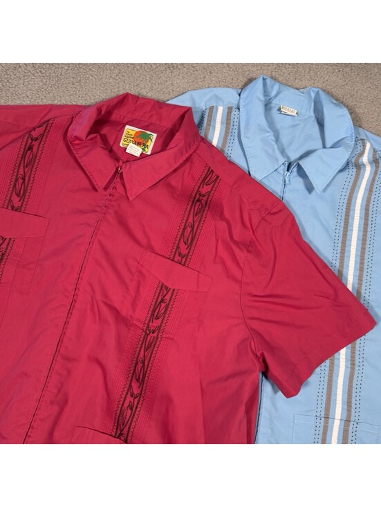 Haband Other - Haband Guayabera Shirt Mens 3XLT Blue Pink Zip Up Embroidery Short Sleeve Lot 2